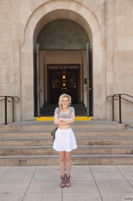 12P Blonde Catie Parker flashes tiny tits & teases with sexy upskirts in public