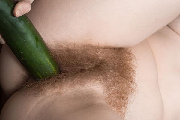 21P Hot housewife Ana Molly sucks a huge cucumber & inserts it in her hairy pussy