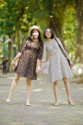 20P Gorgeous Asian brunette girls posing in their summer dresses in public