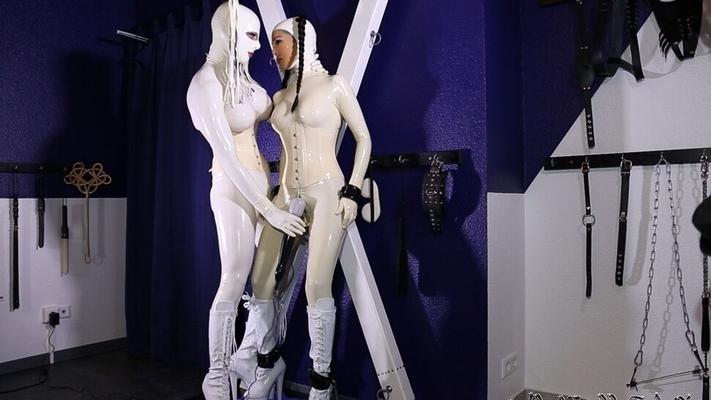 15P Kinky babe in a latex outfit Latex Lara gets her twat touched while tied up
