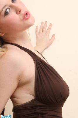 20P Hot blonde Brook Little in tight black dress reveals big tits to pinch nipples