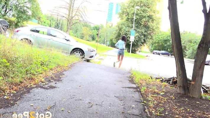 15P Dark haired Mistica needs to pee while in suburbs