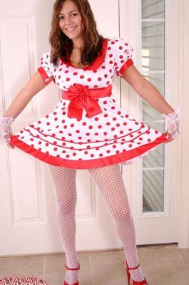 12P Cute teen Kara exposes white underwear in fishnets and a polka-dot dress