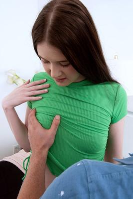 16P Skinny 18 year old brunette flattie talks about her kinks and cums on a big