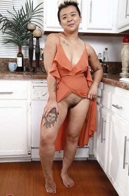 21P Amateur Asian female with tattoos Lulu Sparkle spreads her hairy twat