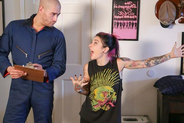 15P Tattooed Sierra Cure in pigtails & socks gives blowjob & gets cum on pussy