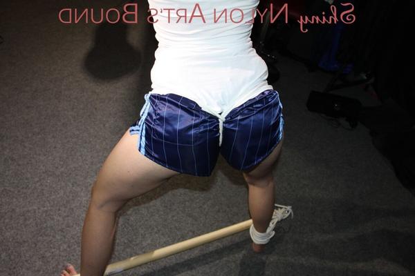 16P Sonja wearing a sexy oldschool blue shiny nylon shorts and a white top being