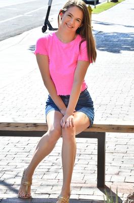 15P Flexy amateur Devon flashes a no panty upskirt outdoors before modeling naked