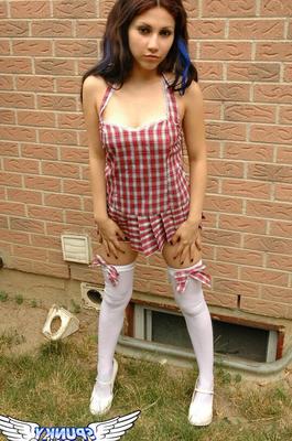 12P Adorable amateur schoolgirl Angel in white stockings flashes panty upskirt