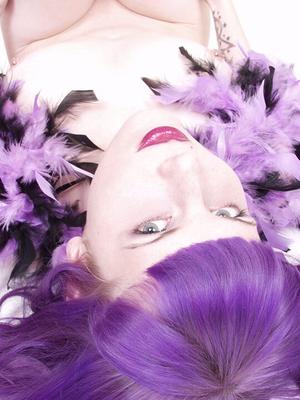 15P Purple hair girl in striped stockings feather boa