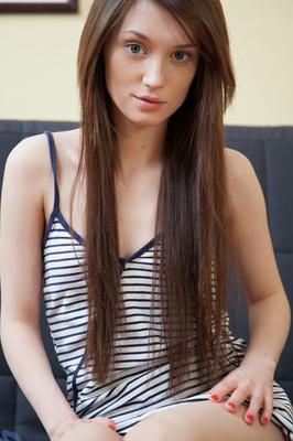 15P Sweet teen girl Julie Vee fingers her smooth vagina on a futon