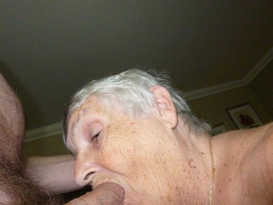 20P Horny old Grandma Libby strips satin lingerie to fill face & pussy with cock