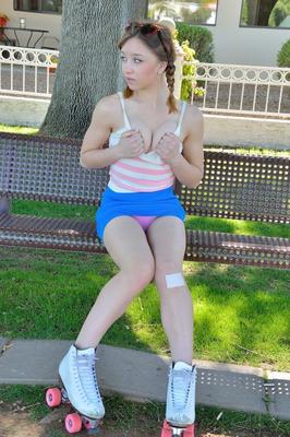 21P Kinky teen Aurora rubs her tight pussy in public and roller skates in the nude