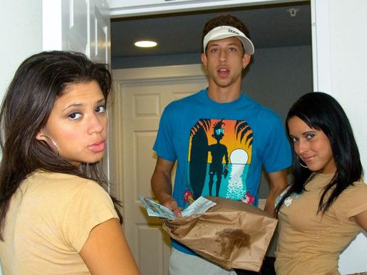 20P Kinky ladies with brunette hair show their butts and facesit a delivery guy