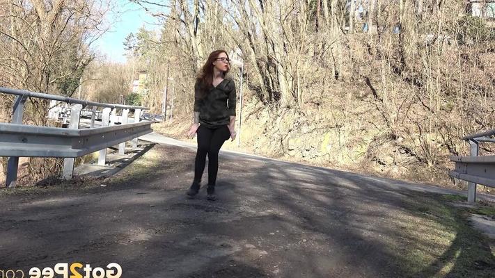 15P Redhead in glasses squats to pee outside