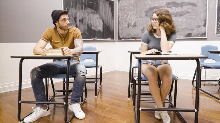 15P Cute young girl wears her glasses while giving a topless BJ in a classroom