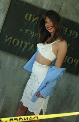 12P Redhead Dirty Angie goes topless in retro underthings at a police station