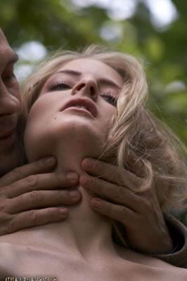 16P Young blonde girl has her hair pull after being suspended upside down in woods