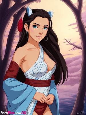 10P Big blue eyed anime character Katara teases with her nice ass and big tits