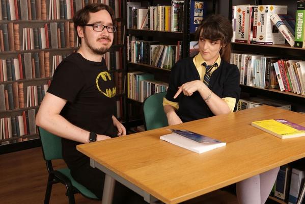21P Three teenage nymphomaniacs play with a shy nerd's dick at the library