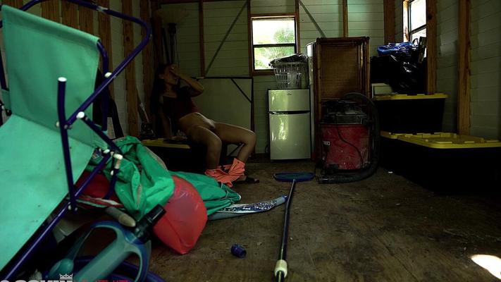 15P Asian chick Kimmy Kimm gets caught masturbating in a shed before hardcore sex