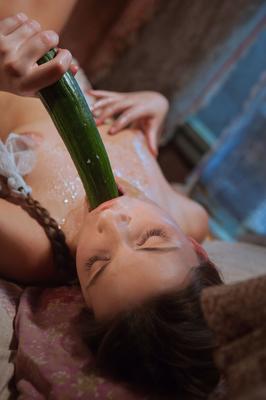 21P Kinky teen Raeah soaks her horny pussy with lube & toys with a big cucumber