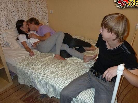 16P Young brunette fucks another guy while her boyfriend collects the cash