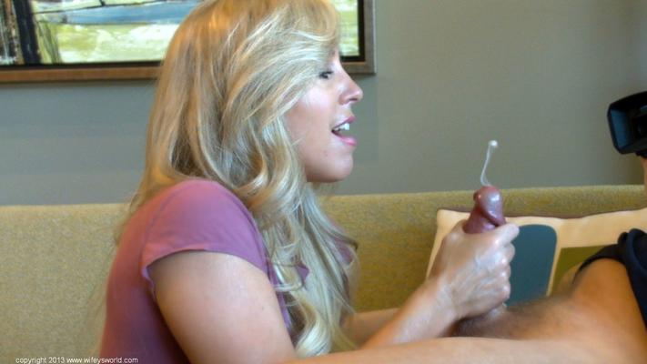 11P Hot wife with huge boobs and blonde hair sucks and jerks off her hubby's cock