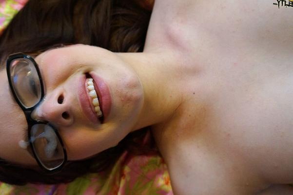 16P Young brunette Jennifer Bliss takes a cumshot on glasses from Ryan Madison