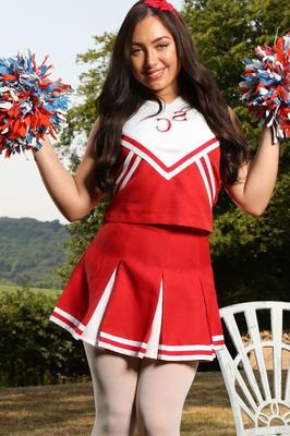 21P Smiley cheerleader Reanna strips to pantyhose while dancing outdoors