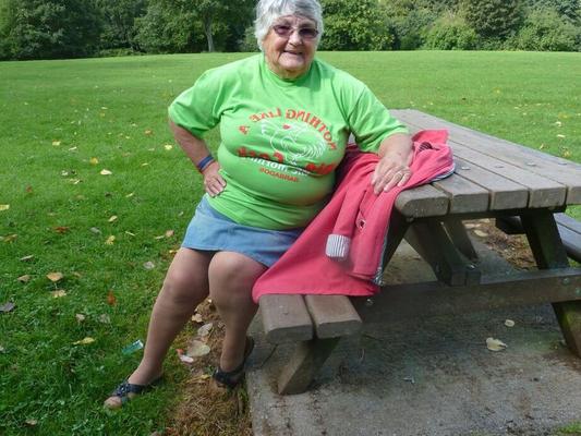 20P Obese oma Grandma Libby exposes her large tits and butt on a picnic table