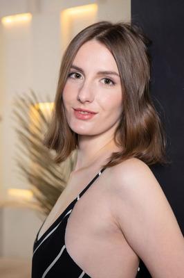 18P Sexy brunette Lillie Pie slides her chic dress from her shoulders and grabs