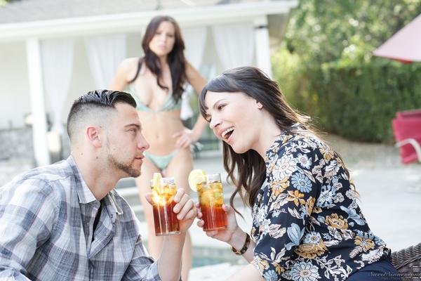 15P Busty MILF Dana DeArmond flirts with GF's man flaunting long legs & cleavage