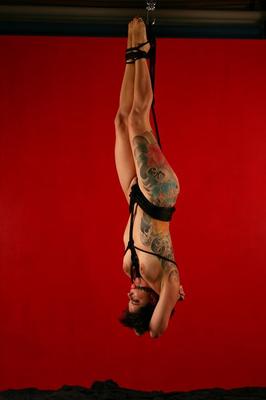 15P Tattooed brunette Michelle Aston is suspended upside down in the nude