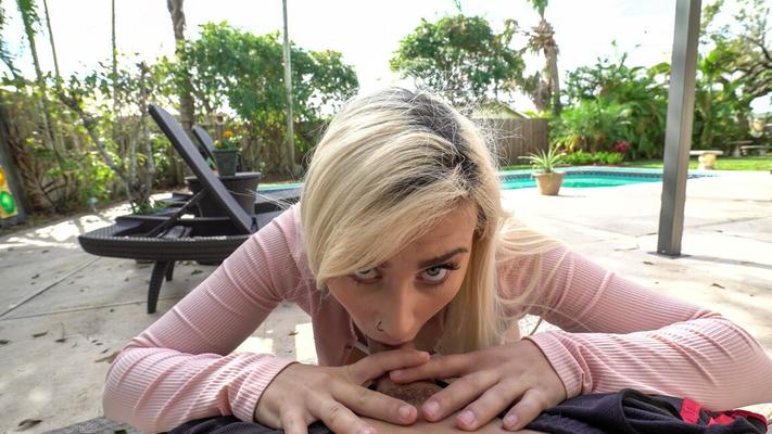 15P Blonde teen Indica Monroe delivers a POV blowjob on a poolside patio