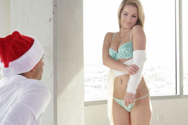 20P Pale blonde cutie sheds red lingerie to receive big cock & messy Xmas facial