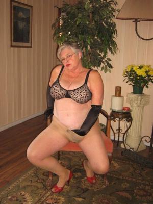 20P Old fatty Girdle Goddess fondles saggy tits in black velvet gloves and hose