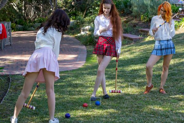17P Teen horny college girls with three pairs of stunning tits playing croquet