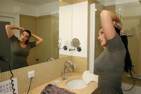 16P Busty brunette Carmen Croft caressing her huge tits in the shower