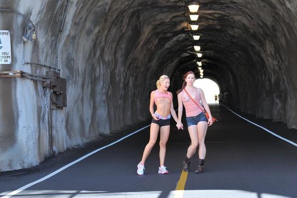 16P Lesbian girls Melody and Lena expose their tits in public and middle of road