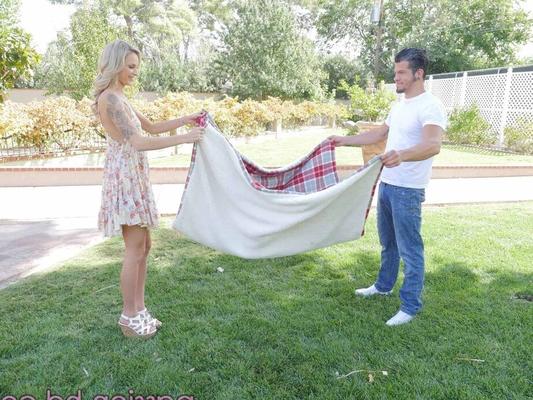 16P Young blonde Emma Hix spreads her legs for a deep vaginal fuck on front lawn