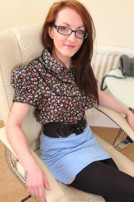 21P Secretary in glasses Becca shows her tasty nipples in hot black lingerie