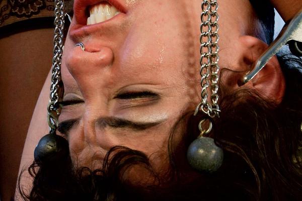 21P Petite Bianca Stone has nips clamped in BDSM suspension with domme Lorelei Lee