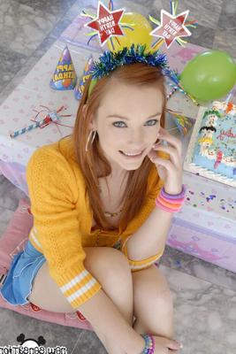 13P Redhead chick Dani Jensen licks jizz from fingers after sex on her birthday