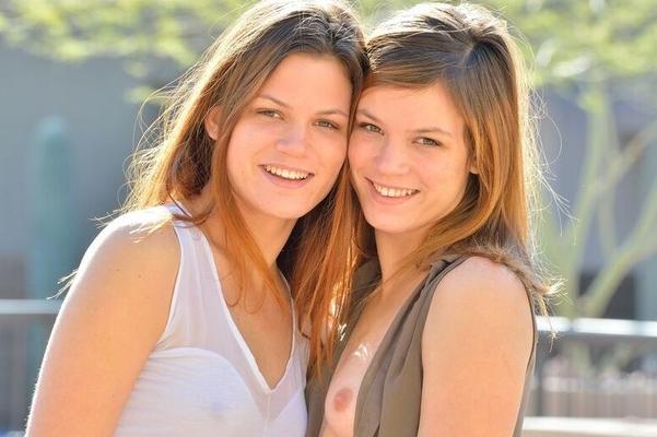 15P Teen girls in jeans strip naked on the street to show tiny tits & spread ass