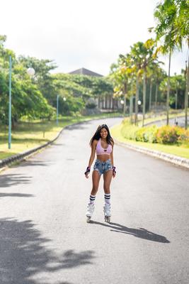 20P Hot Tita Sahara roller skates in sexy booty shorts & poses in a hot dress