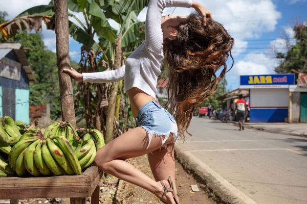 21P Lovely teen in denim shorts Irene Rouse stretches her long legs wide in public