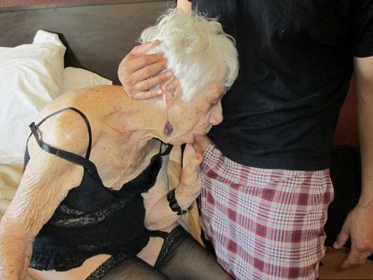20P Ancient older woman in black lingerie gets her mature old granny pussy plowed