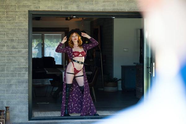 16P Sexy redhead Lacy Lennon seduces her man in a cape and lingerie plus OTK boots