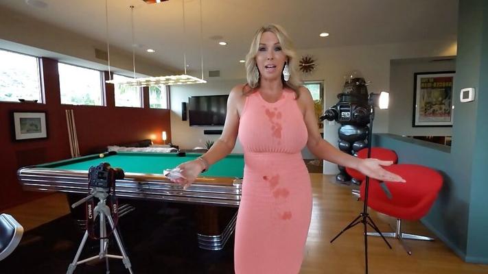 16P Clothed blonde housewife Sandra Otterson modeling on balcony and pool table